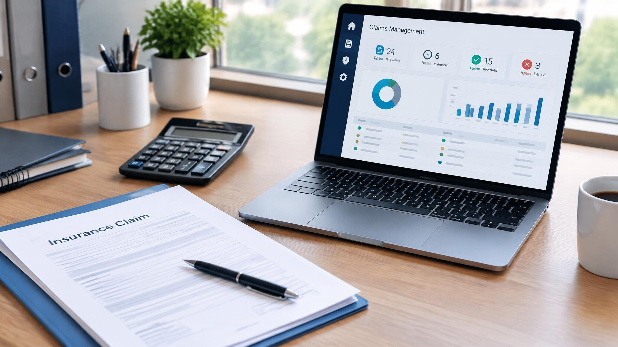 Desk with insurance documents, a calculator and a laptop showing a dashboard