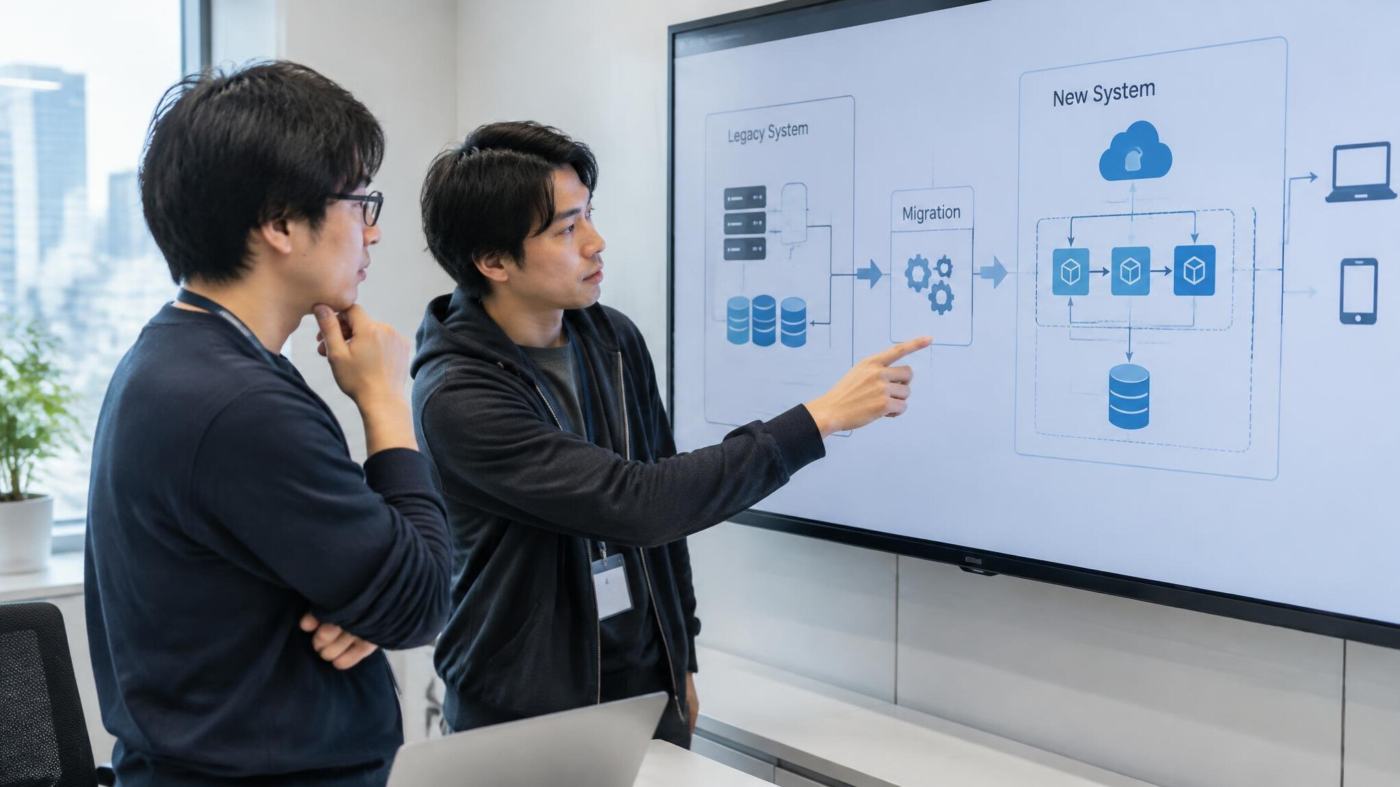 Two engineers reviewing system architecture on a large screen